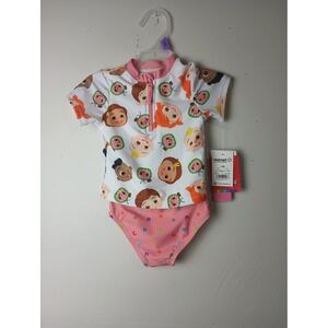 Cocomelon Baby Girls 2PC Rash Guard Swimsuit Set Coral Pink‎ White 12M NWT